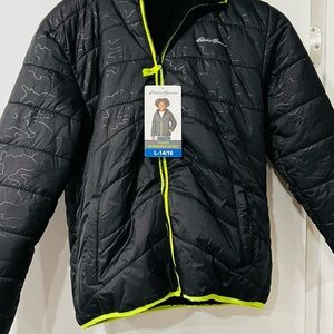 Eddie Bauer Kids Fleece Lined Puffer Jacket Black with Neon Trim